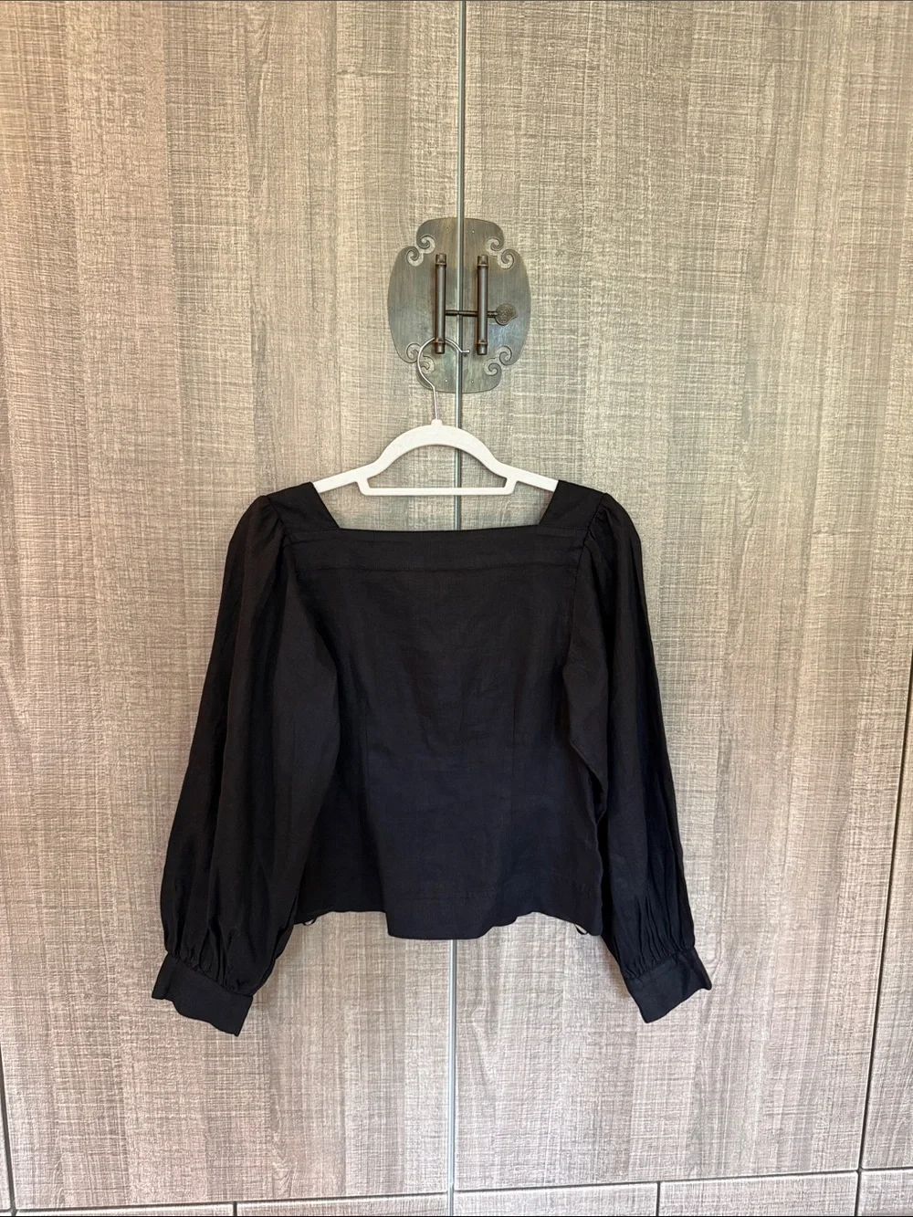 J. Crew Black Square-Neck Button Front Puff Sleeve Blouse In Linen